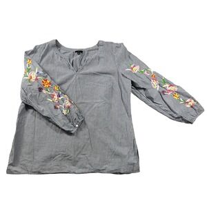Talbots Woman Striped Floral Embroidered Cotton Blouse Navy White 1X
